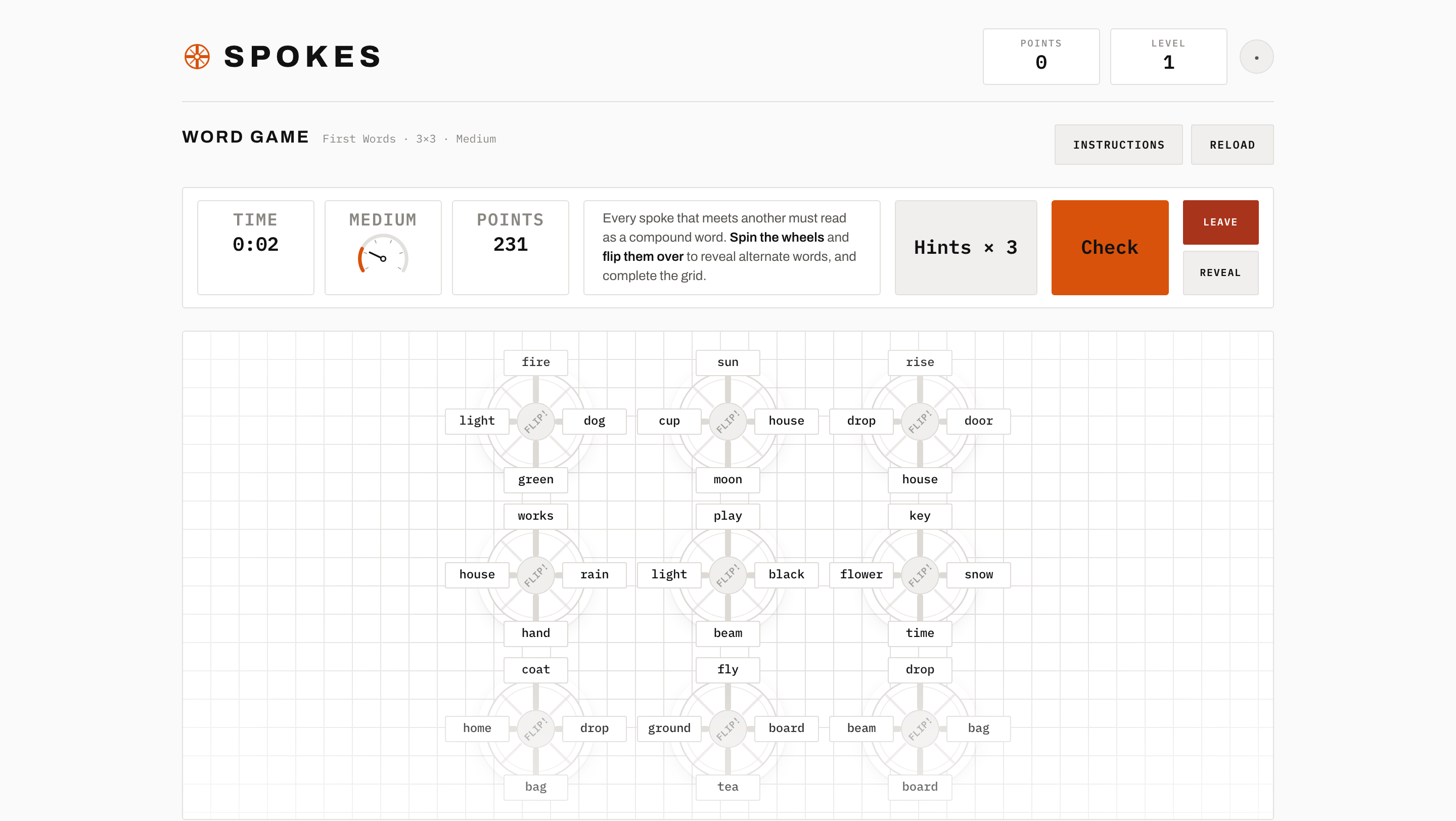 A Spokes word board - nine wheels, words on every spoke